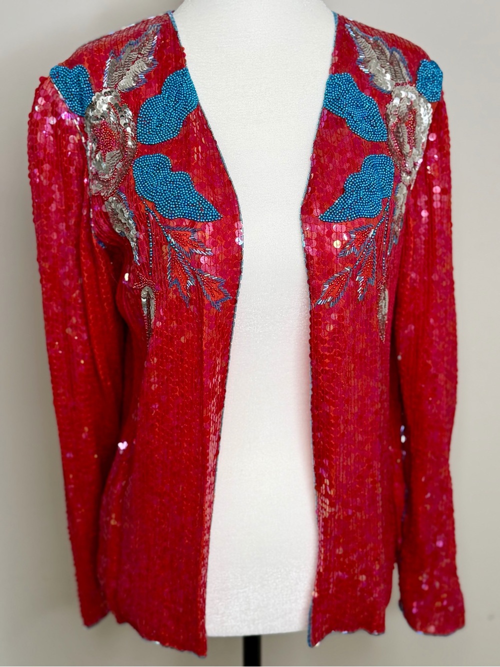 Vintage Red Sequin Open-Front Embellished Women's Jacket